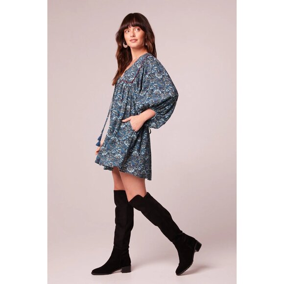 Band Of The Free Mallory Floral Babydoll Mini Dress Size Medium Deep Teal Aqua - Picture 7 of 16